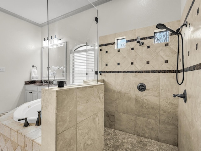 1300 Ruby Lea Ln, Fort Worth, TX 76179 - bathroom with walk in shower, a bath, vanity, healthy amount of natural light, and crown molding