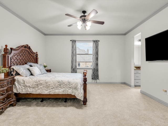 1300 Ruby Lea Ln, Fort Worth, TX 76179 - bedroom with light carpet, crown molding, a ceiling fan, and ensuite bath