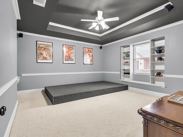 1300 Ruby Lea Ln, Fort Worth, TX 76179 - carpeted home office with a raised ceiling, a ceiling fan, and crown molding