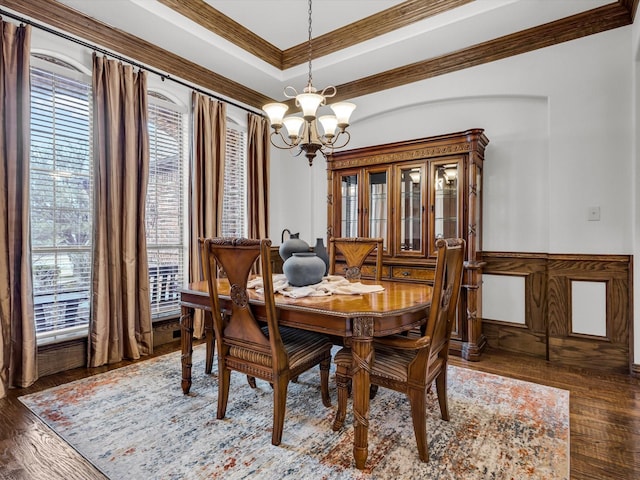 1300 Ruby Lea Ln, Fort Worth, TX 76179 - dining space with a chandelier, ornamental molding, a raised ceiling, and wood finished floors