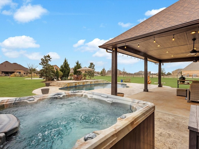 1300 Ruby Lea Ln, Fort Worth, TX 76179 - outdoor pool with a hot tub, a yard, a ceiling fan, and a patio area