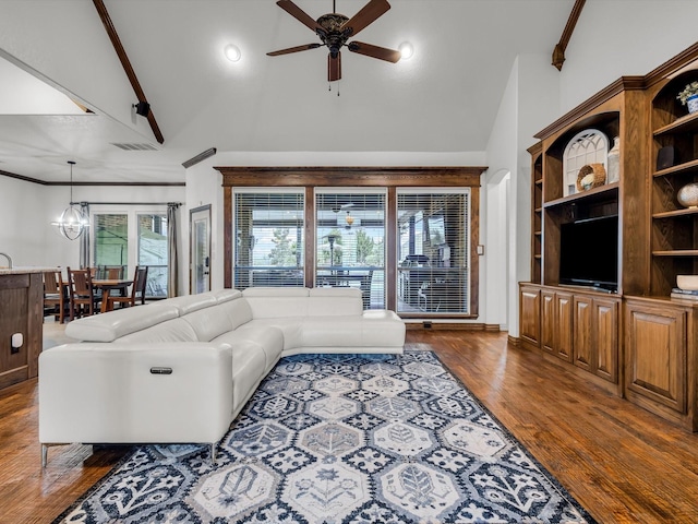 1300 Ruby Lea Ln, Fort Worth, TX 76179 - living area featuring ceiling fan, dark wood-style flooring, high vaulted ceiling, and a chandelier