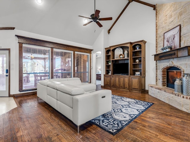 1300 Ruby Lea Ln, Fort Worth, TX 76179 - living room with high vaulted ceiling, ceiling fan, a brick fireplace, and wood finished floors