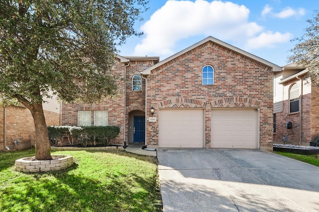 view of front of property with driveway, brick siding, and a front yard