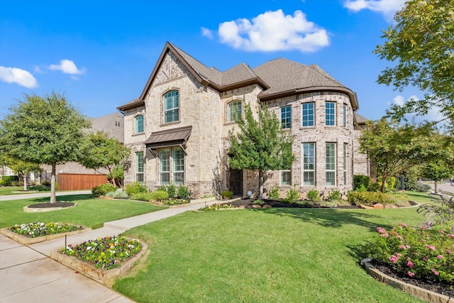 french country style house with a shingled roof, fence, a front lawn, and brick siding