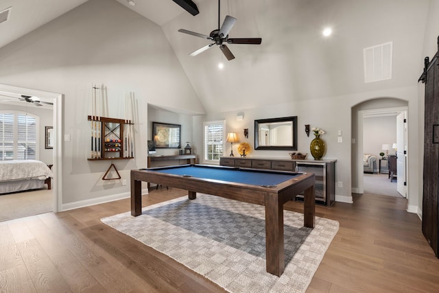 playroom featuring a ceiling fan, pool table, visible vents, and wood finished floors