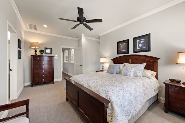 bedroom featuring recessed lighting, light colored carpet, visible vents, baseboards, and ornamental molding