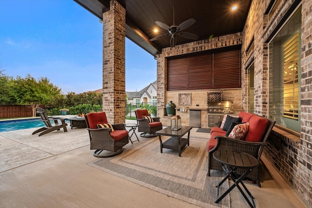 patio terrace at dusk featuring outdoor lounge area, area for grilling, a fenced backyard, and a fenced in pool