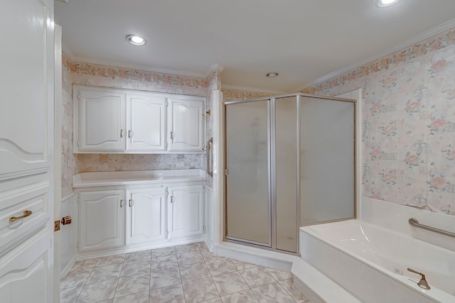 bathroom featuring crown molding, a stall shower, tile patterned flooring, and wallpapered walls