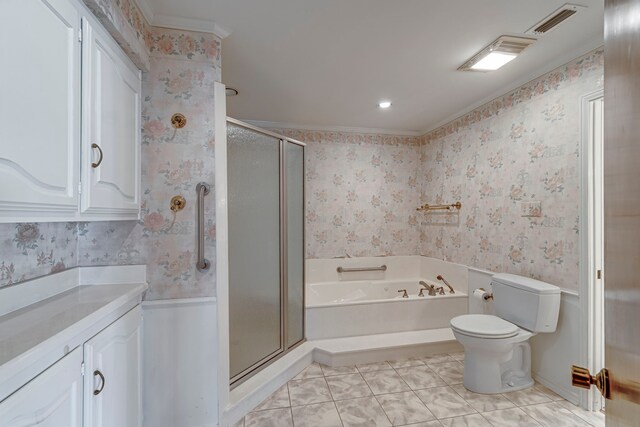 529 N Grand Ave, Waxahachie, TX 75165 - bathroom featuring wallpapered walls, a garden tub, a shower stall, toilet, and vanity