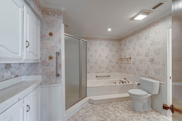 full bath featuring tile patterned flooring, toilet, a shower stall, a bath, and wallpapered walls