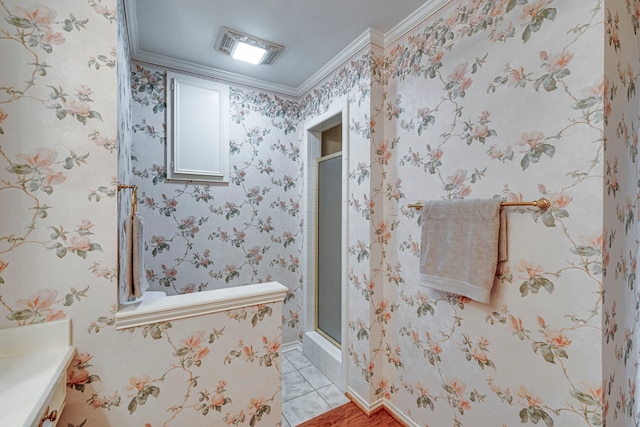 full bath with crown molding, visible vents, tile patterned floors, a stall shower, and wallpapered walls