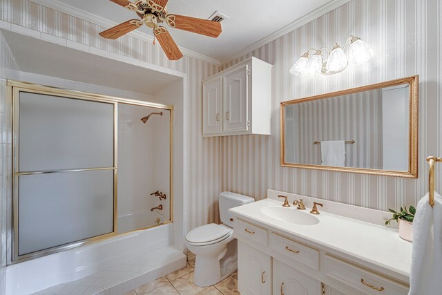 529 N Grand Ave, Waxahachie, TX 75165 - bathroom featuring wallpapered walls, toilet, vanity, ornamental molding, and enclosed tub / shower combo