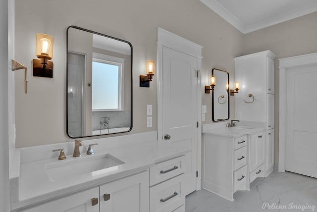 full bathroom with marble finish floor, ornamental molding, and vanity