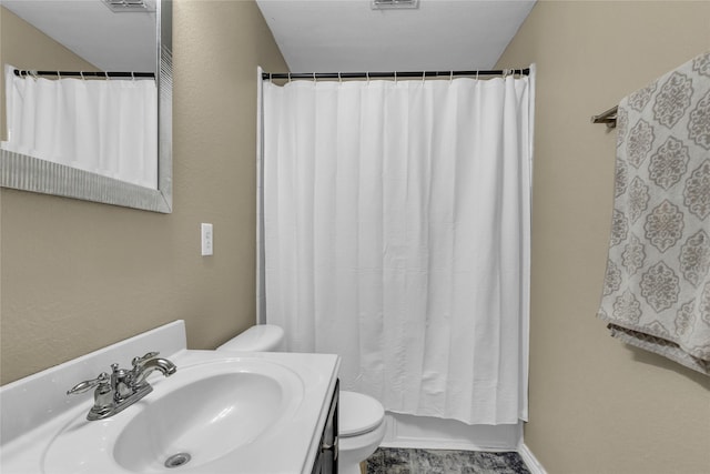 bathroom featuring visible vents, shower / bath combination with curtain, vanity, and toilet