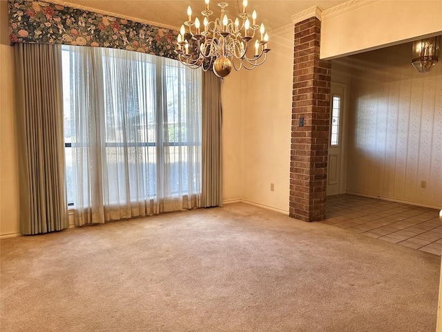 carpeted spare room featuring a notable chandelier and tile patterned floors