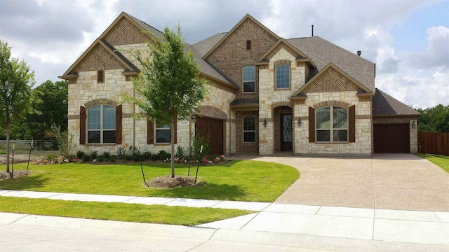 french provincial home featuring driveway, a garage, a shingled roof, a front lawn, and brick siding