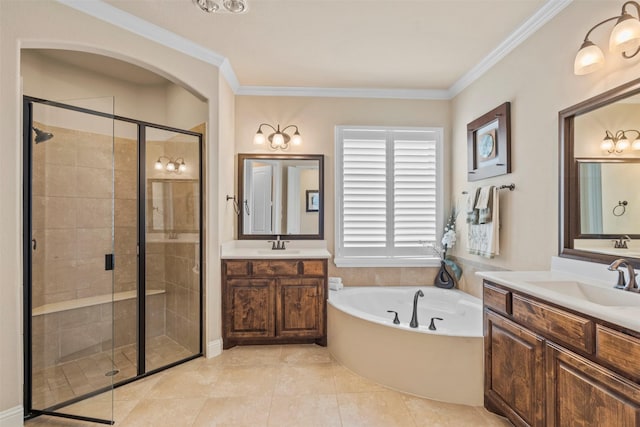 bathroom featuring ornamental molding, a sink, and a stall shower