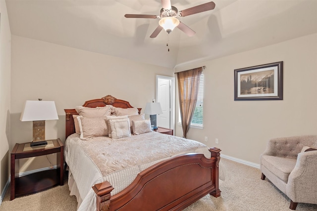 bedroom featuring baseboards, ceiling fan, and light carpet