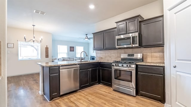 kitchen featuring a peninsula, a sink, visible vents, open floor plan, and appliances with stainless steel finishes