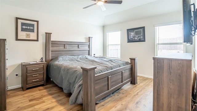 bedroom featuring baseboards, multiple windows, and light wood-style floors