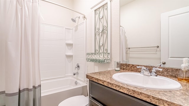 full bathroom with toilet, shower / bath combo with shower curtain, and vanity