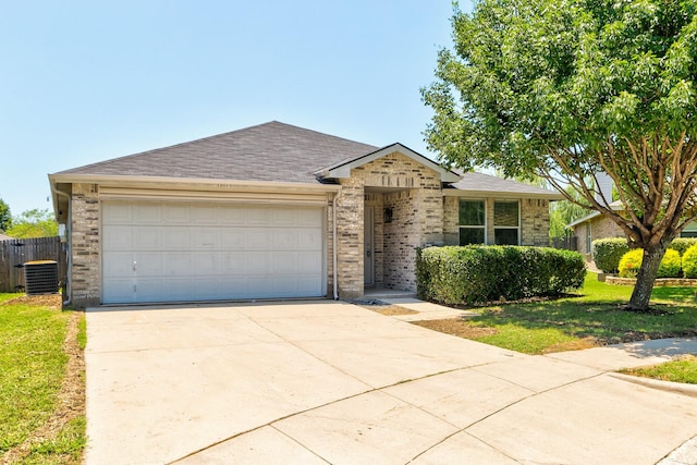 ranch-style house featuring a garage, a shingled roof, concrete driveway, cooling unit, and brick siding