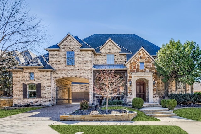 french provincial home featuring stone siding, brick siding, and driveway