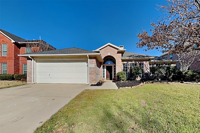 ranch-style home featuring an attached garage, brick siding, driveway, and a front lawn