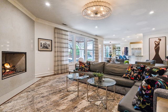 living room with recessed lighting, a fireplace with flush hearth, visible vents, baseboards, and crown molding