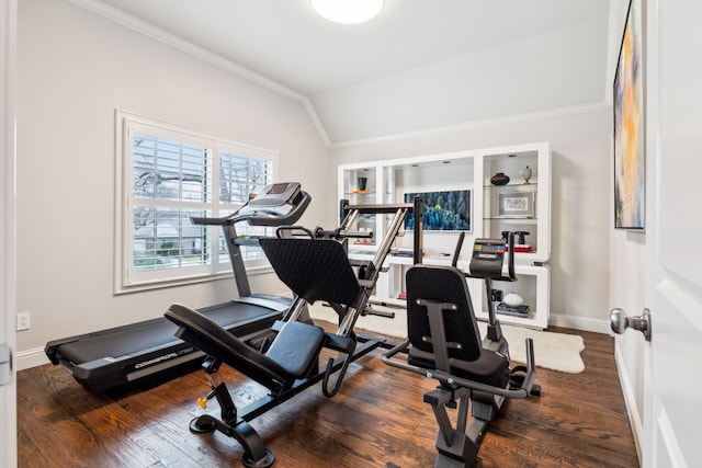 workout area featuring lofted ceiling, dark wood-style floors, baseboards, and ornamental molding