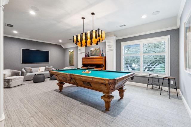 playroom featuring light colored carpet, visible vents, and crown molding