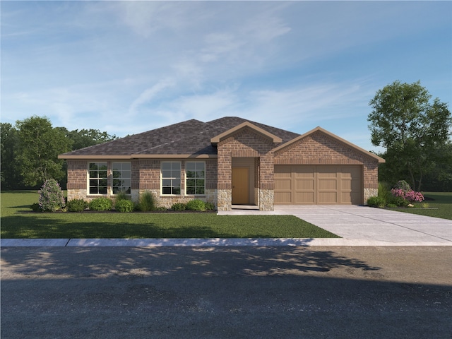 view of front of property featuring a garage, concrete driveway, stone siding, a front lawn, and brick siding