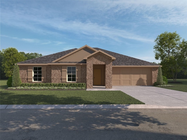 view of front facade featuring a garage, driveway, a shingled roof, and a front yard