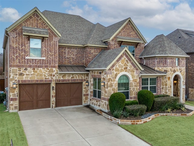 view of front of property with stone siding, brick siding, roof with shingles, and driveway