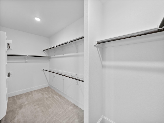 walk in closet featuring light colored carpet