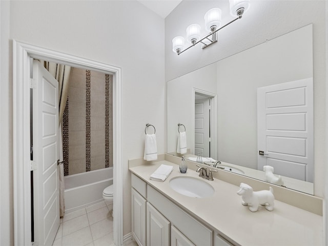 bathroom with toilet, shower / bathtub combination, tile patterned flooring, and vanity