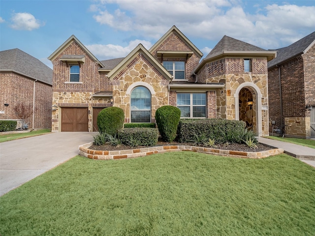 view of front of home with an attached garage, brick siding, stone siding, driveway, and a front yard