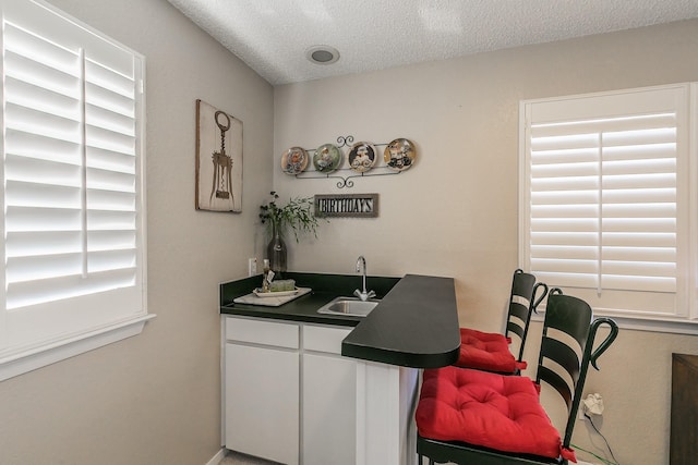 interior space with a textured ceiling, indoor wet bar, and a sink