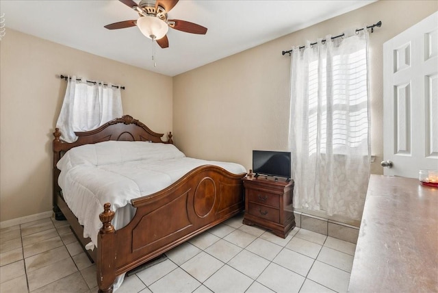 bedroom featuring ceiling fan, baseboards, and light tile patterned floors