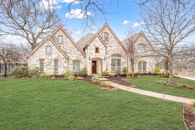 french country style house featuring fence and a front yard