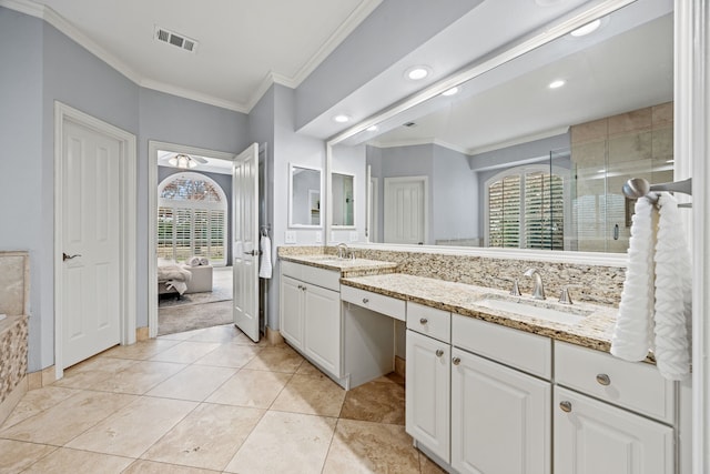 ensuite bathroom featuring double vanity, visible vents, ensuite bath, ornamental molding, and a sink