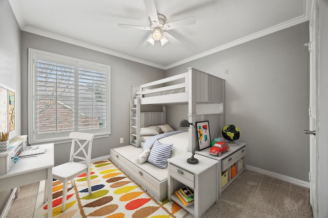 bedroom with light carpet, ornamental molding, a ceiling fan, and baseboards