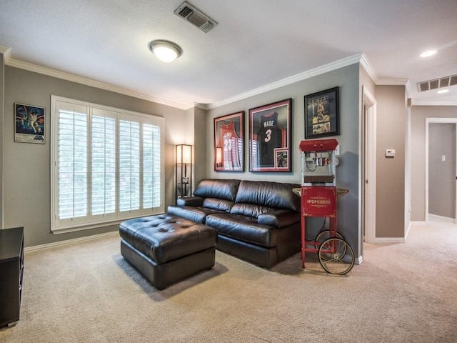 carpeted living area with baseboards, visible vents, and crown molding