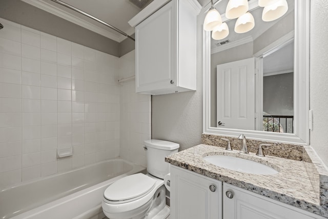 full bathroom with shower / bath combination, vanity, visible vents, and crown molding