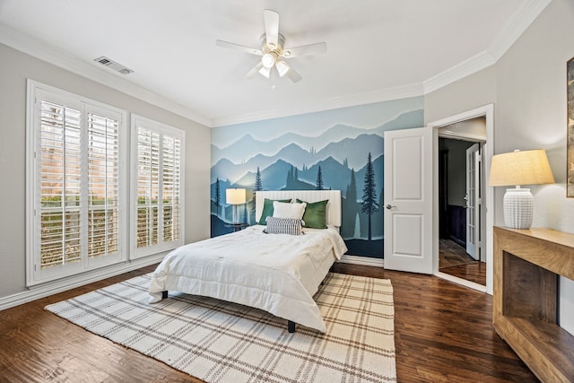 bedroom featuring visible vents, dark wood finished floors, baseboards, ceiling fan, and ornamental molding