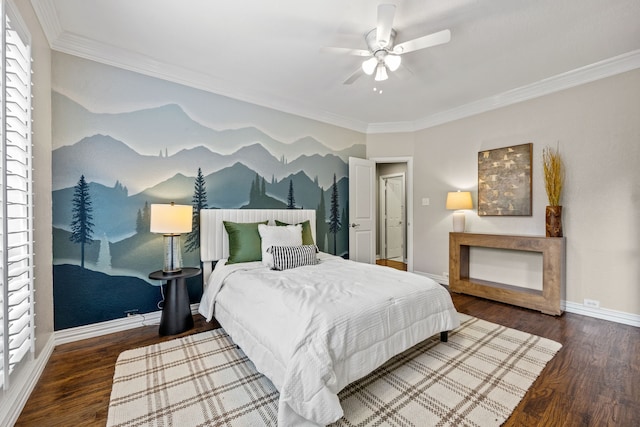 bedroom with dark wood-style floors, crown molding, baseboards, and ceiling fan