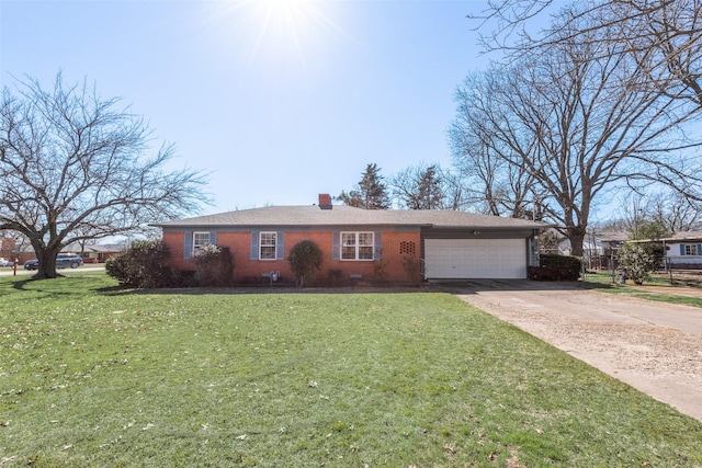 single story home featuring a garage, brick siding, concrete driveway, a front lawn, and a chimney