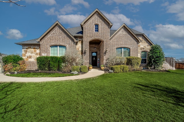 french country style house featuring brick siding, a shingled roof, fence, stone siding, and a front yard