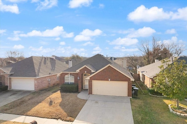 view of front of property featuring a residential view, brick siding, driveway, and a front lawn